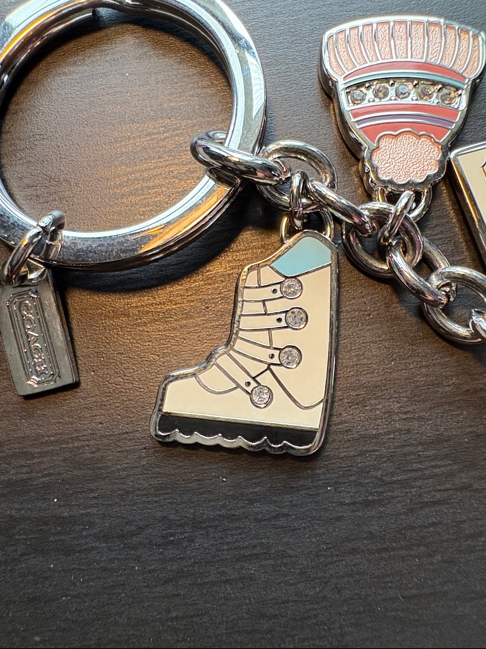 Coach Pink & Light Blue Enamel Ski Charm Keyring with Crystal Accents - Picture 4 of 7